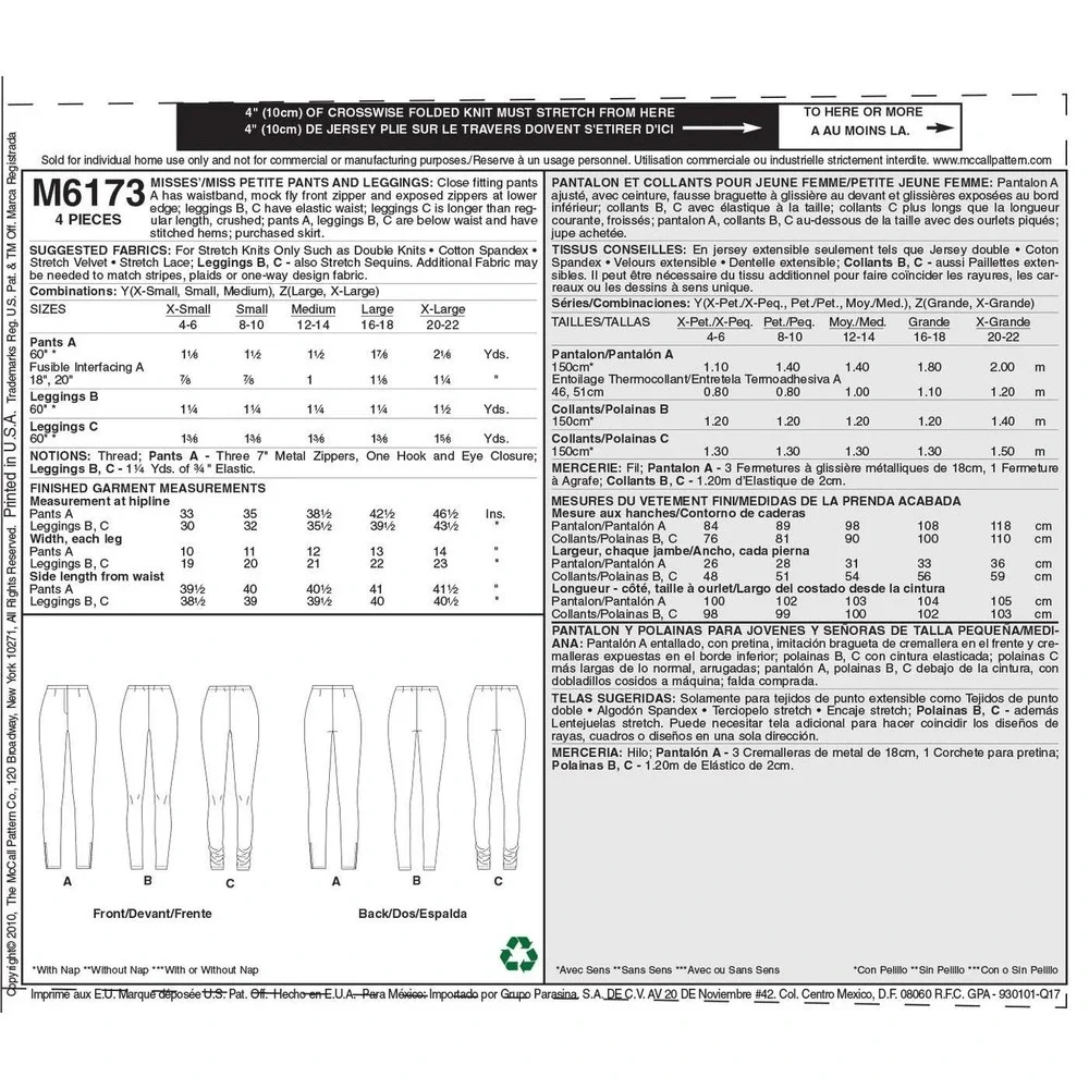 McCalls Sewing Pattern M6173 Misses Easy Pants & Leggings L-XL